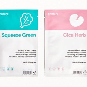 NWT ENATURE Cica Herb Restore and Squeeze Green Watery Sheet Mask Duo